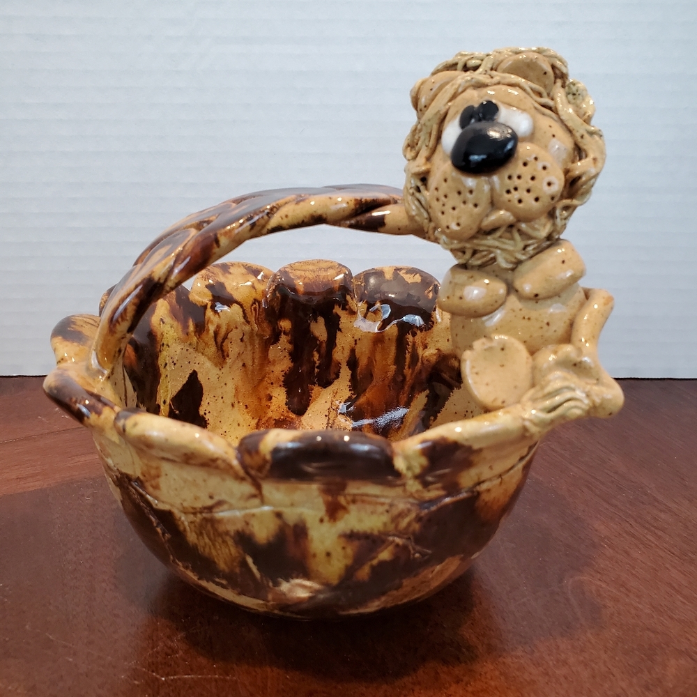Handmade Pottery Basket With Lion